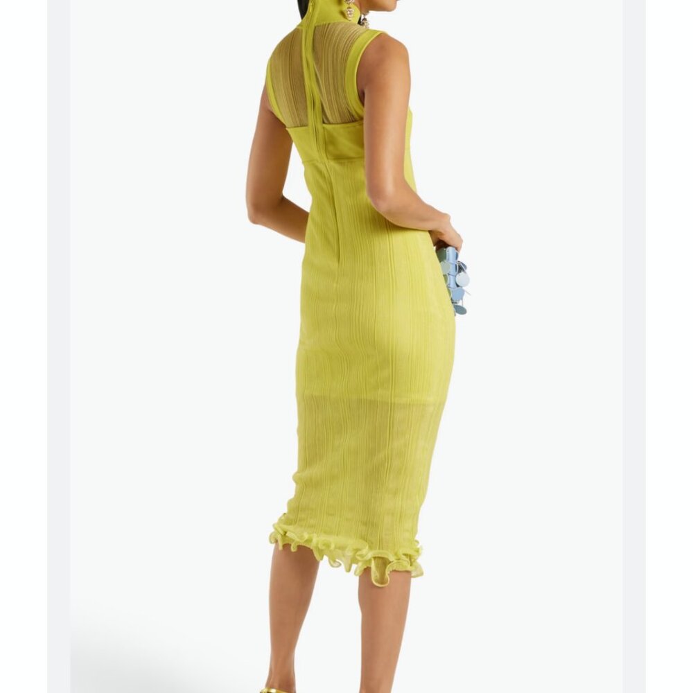 Herve Leger Layered Ribbed Tulle Stretch Knit Chartreuse Midi Dress Size Medium - Picture 2 of 8